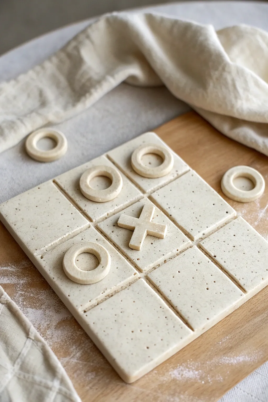 Raised-line air-dry clay tic tac toe board with chunky pieces, minimalist and no-slip