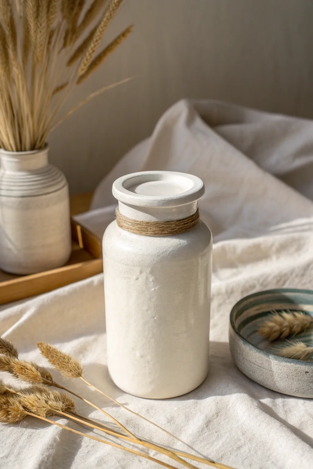 Minimal matte apothecary jar with a smooth air dry clay sleeve for soft Scandinavian styling