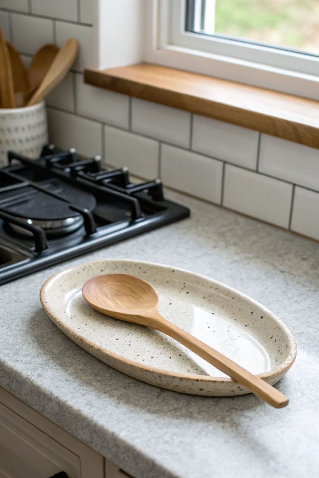Simple air dry clay spoon rest with soft speckles, keeping your wooden spoon neat by the stove