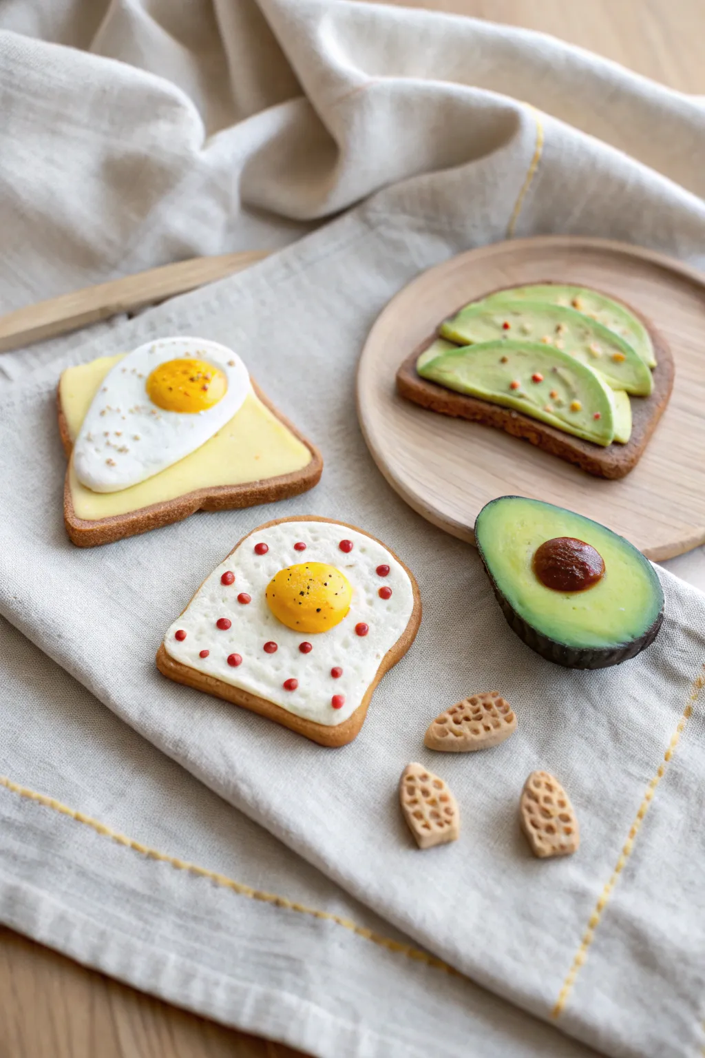 Mini breakfast trio magnets: egg, toast and avocado, a sweet air dry clay idea for your fridge.