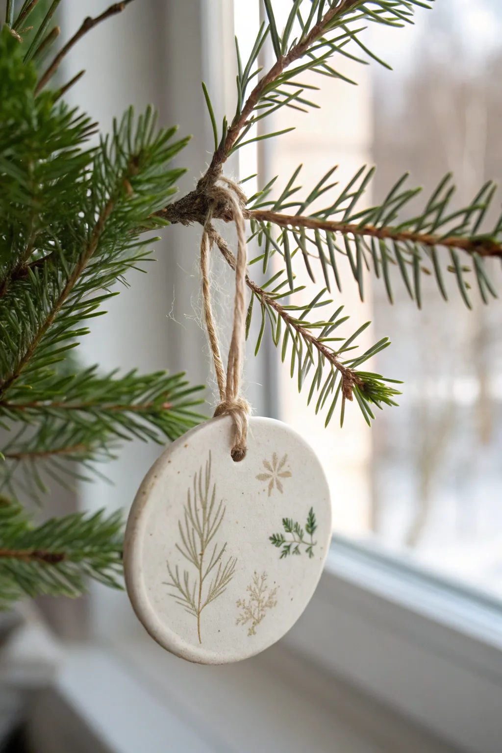 Minimal white clay ornament with evergreen imprints, softly lit to highlight natural texture