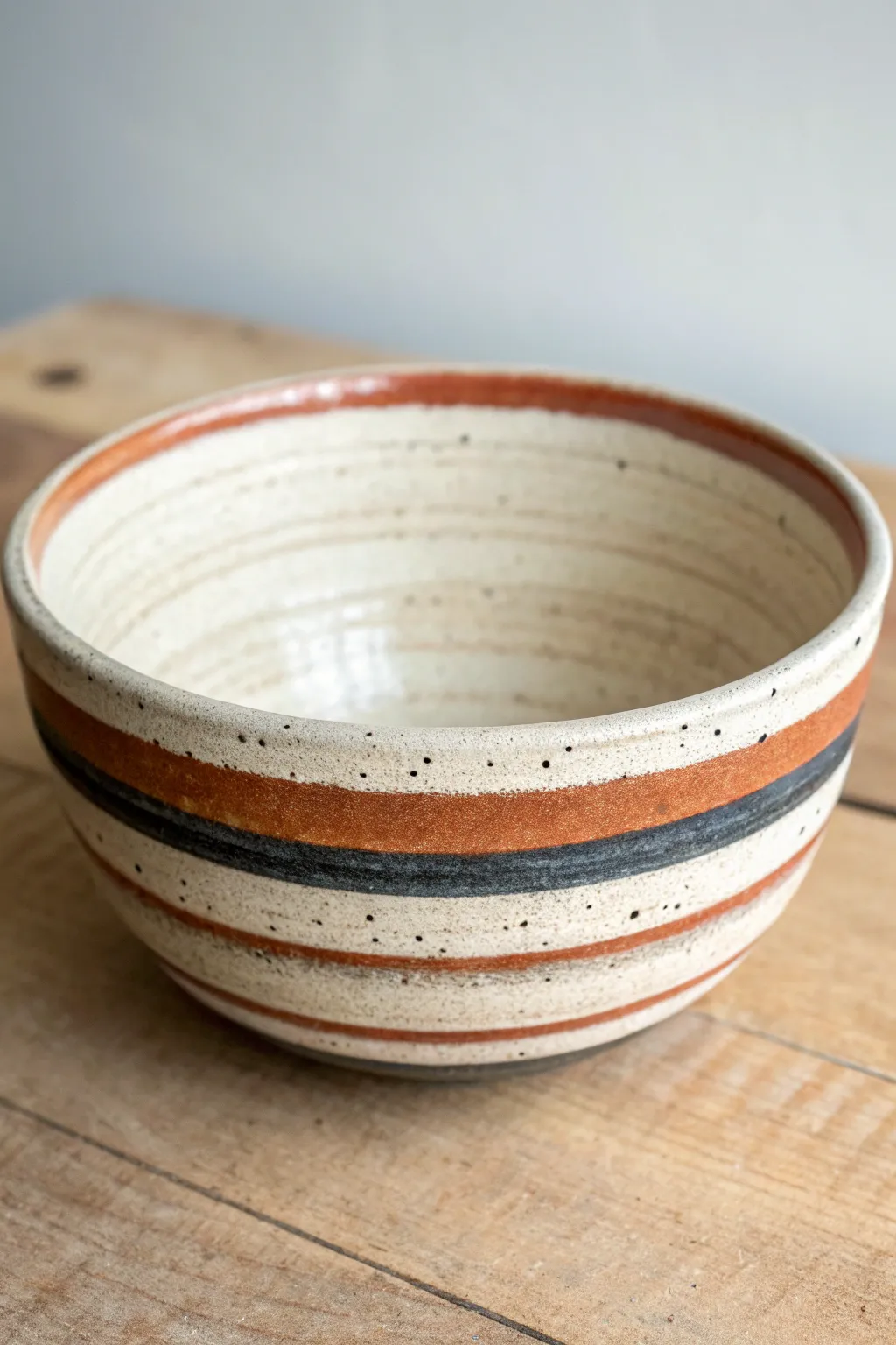 Minimal striped air-dry clay bowl in bold neutrals, Scandinavian calm with boho warmth.