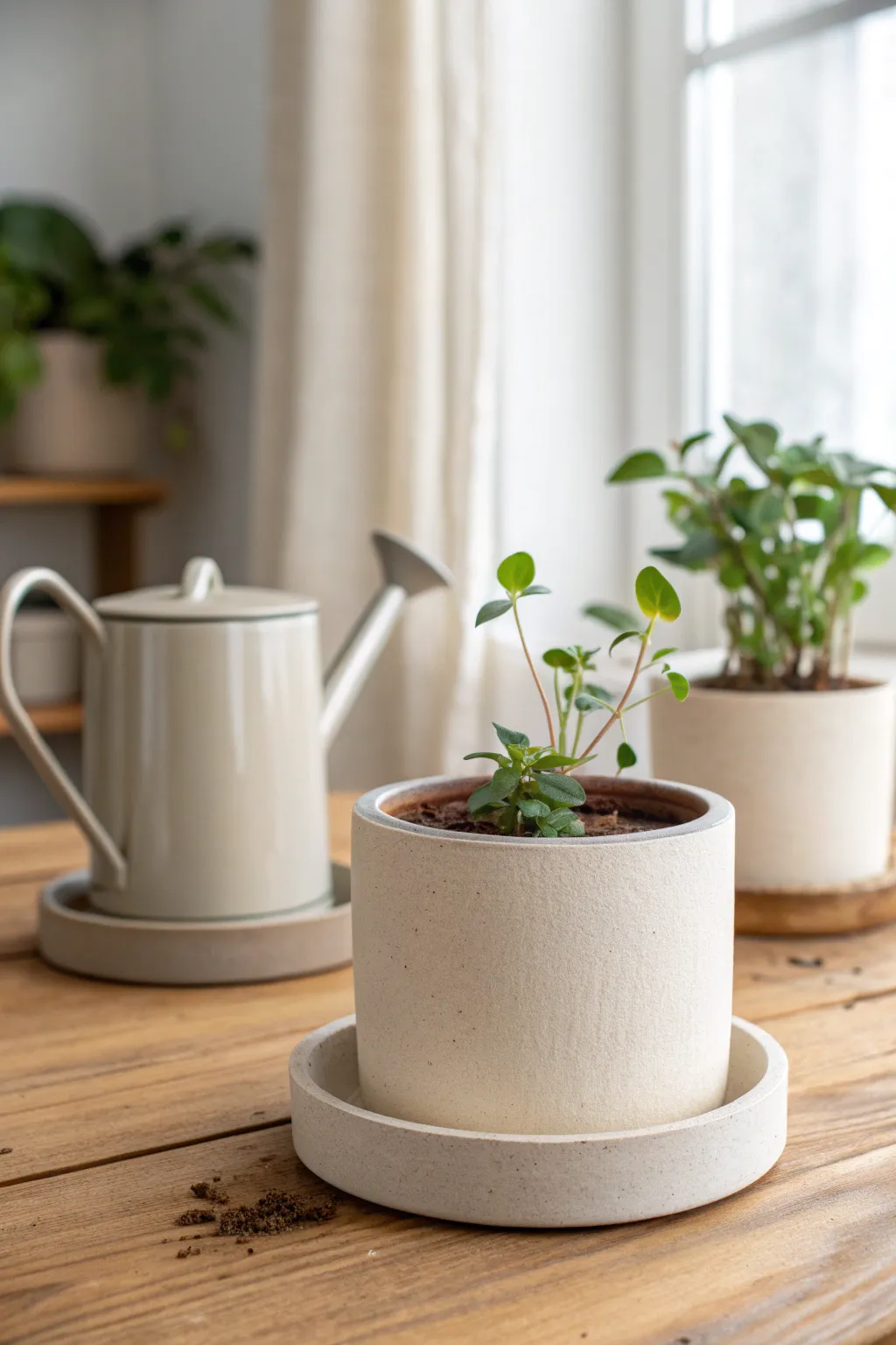 Minimal air dry clay cylinder pot with matching tray, styled in cozy Scandinavian boho tones