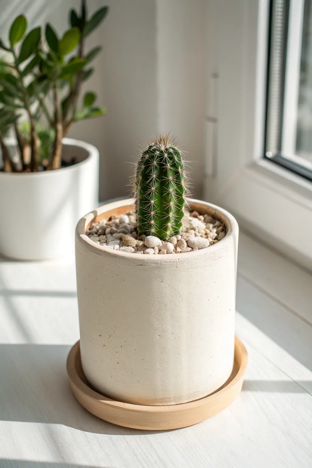 Simple air dry clay cylinder pot with cactus, minimal Scandinavian style for bright spaces