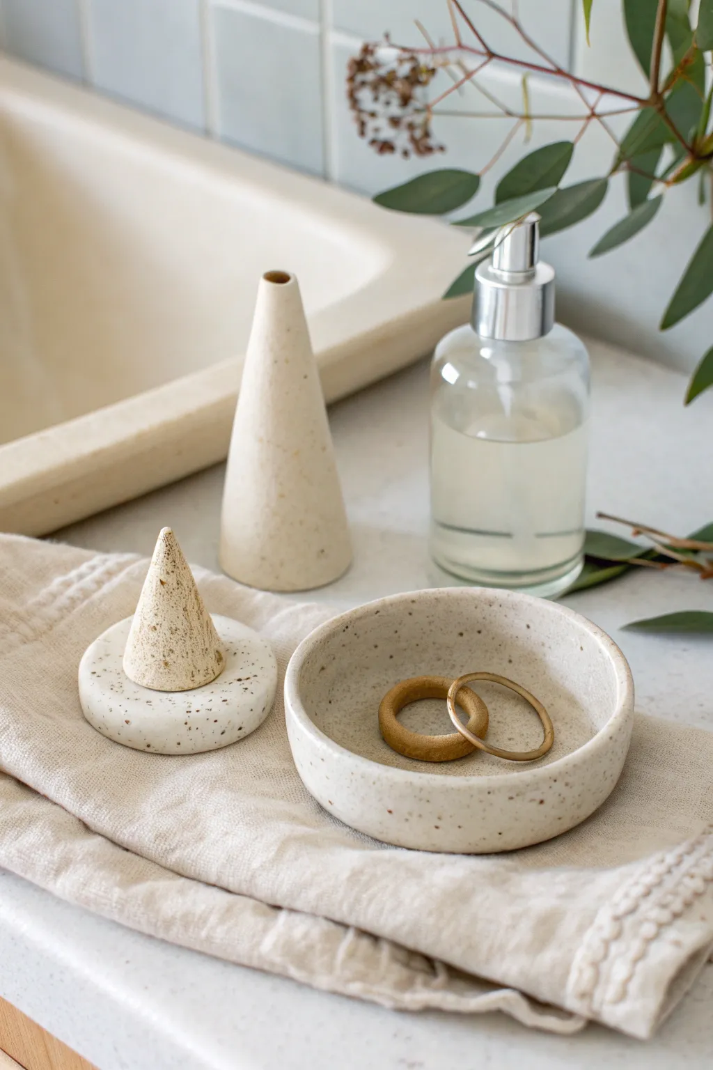 Minimal air dry clay ring dish and cone for a calm vanity moment in soft neutral tones.