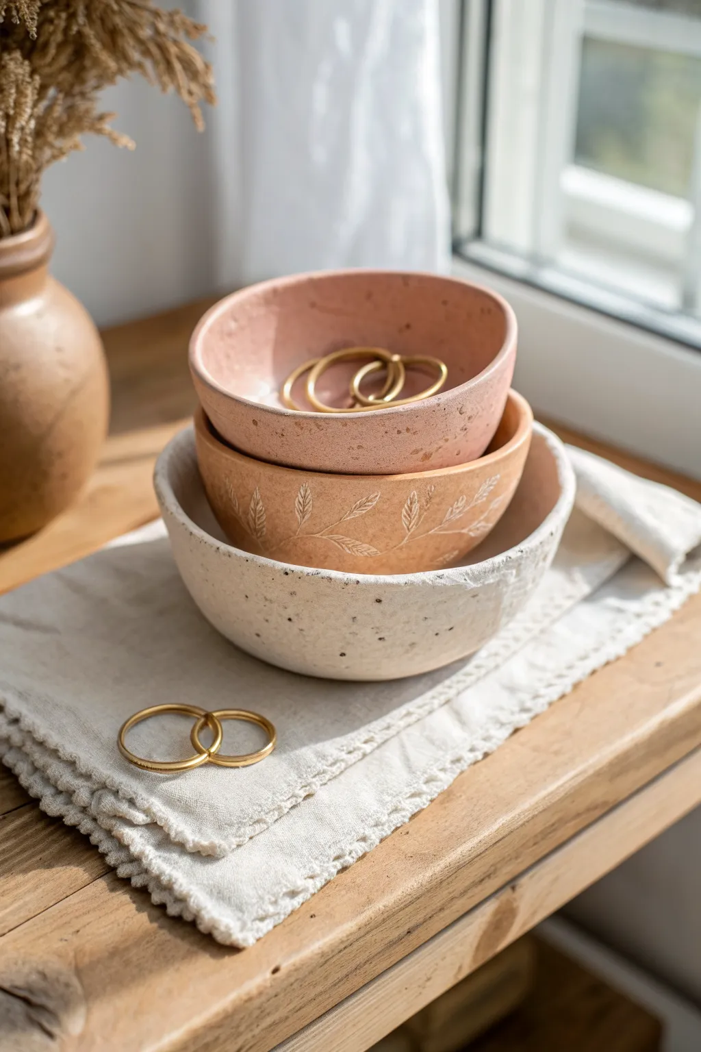 Soft earthy pinch pot trinket bowls, stacked and styled with rings for a calm bedside moment.