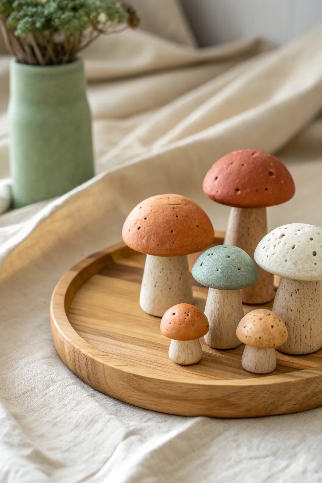 Mini air dry clay mushrooms in earthy tones, styled like a tiny forest on a wooden tray