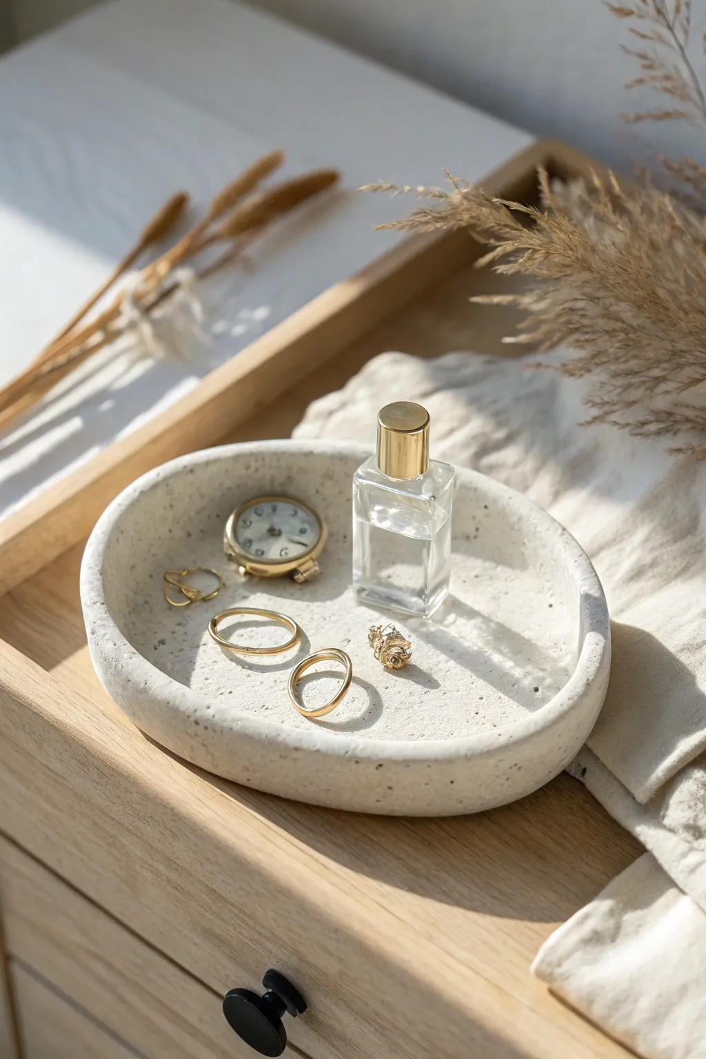 Minimal oval air dry clay tray styled as a vanity catchall for everyday essentials