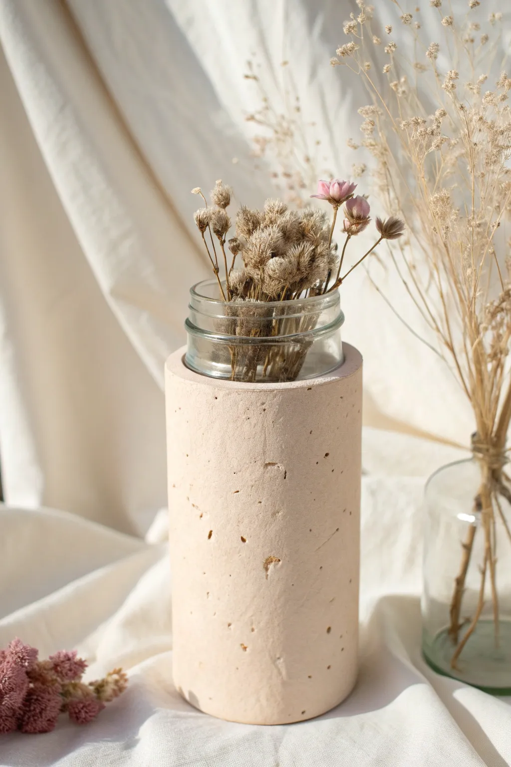 Minimal cylinder air dry clay sleeve vase with glass insert, styled with soft dried florals