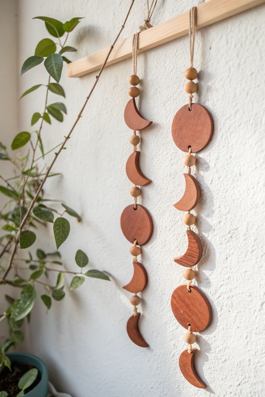 Air dry clay moon phases in terracotta with tiny beads, a simple boho accent for your wall.