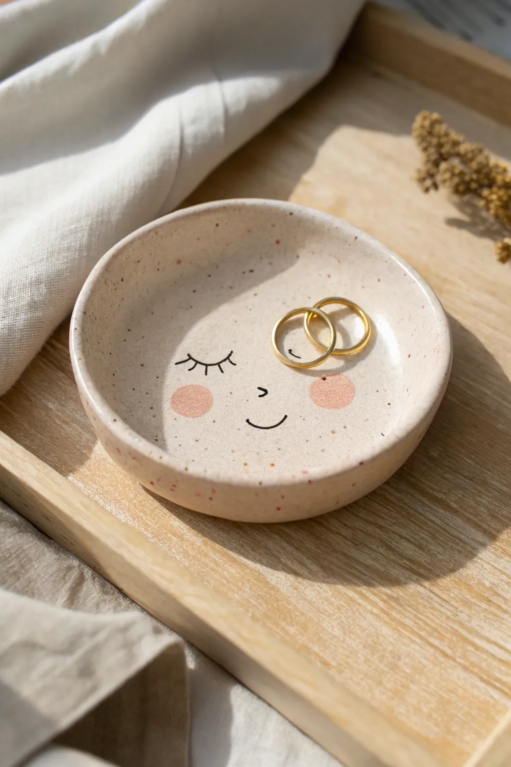 Sweet winking trinket dish in matte pastels, perfect for rings and hair pins on your vanity.