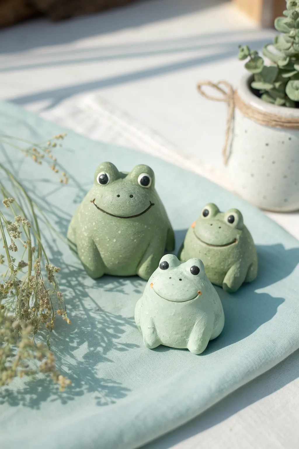 Chubby frog pebble buddies in soft green tones, a cute minimalist air dry clay display