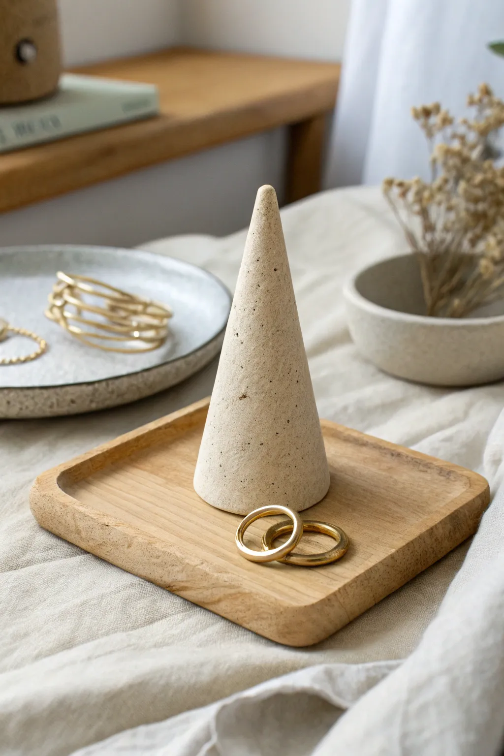 Minimal air dry clay ring cone in a soft neutral finish, styled for a calm nightstand moment.