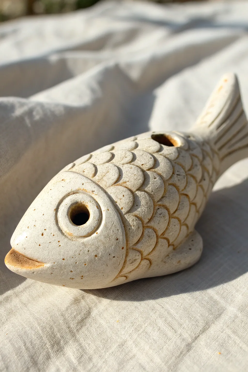 Chunky fish clay whistle with tail mouthpiece and hidden sound window, minimalist boho charm