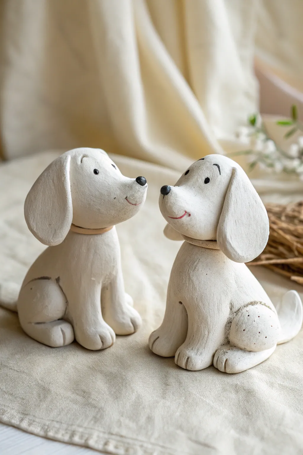 Two minimalist clay puppy pals side by side, sweet and simple with a cozy handmade charm.