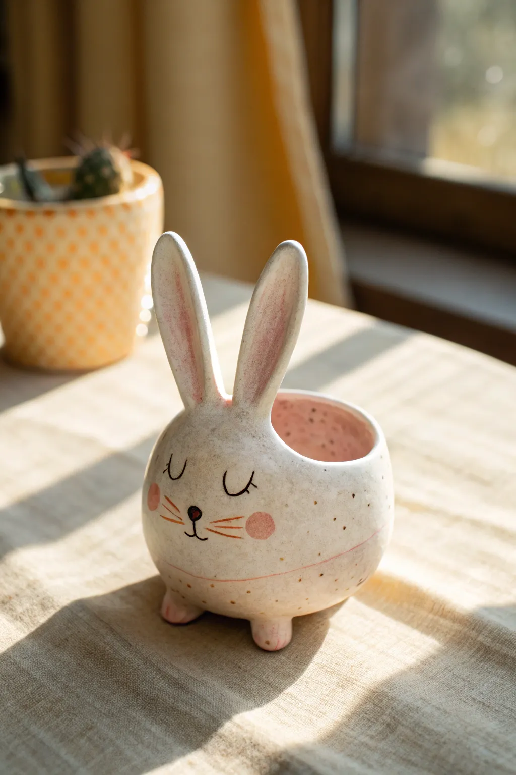 Sweet long-eared bunny pinch pot in soft pastel, a simple beginner-friendly clay project.
