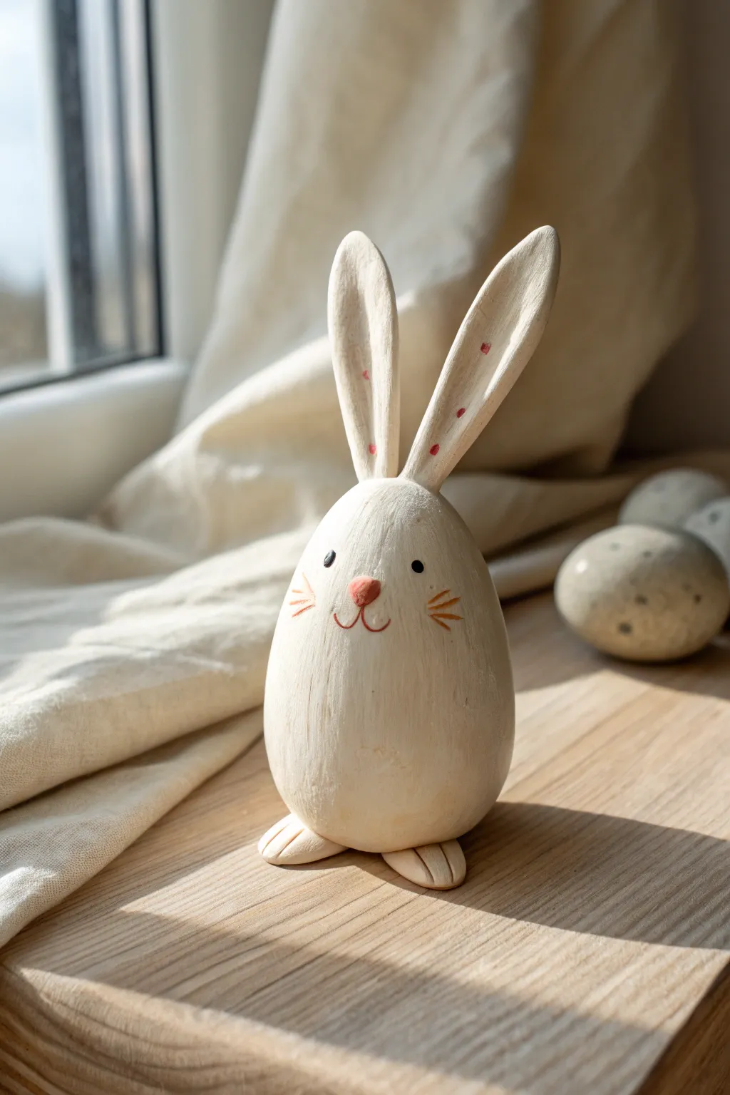 Sweet round bunny with tiny paws, simple clay project for cute minimalist animal decor.