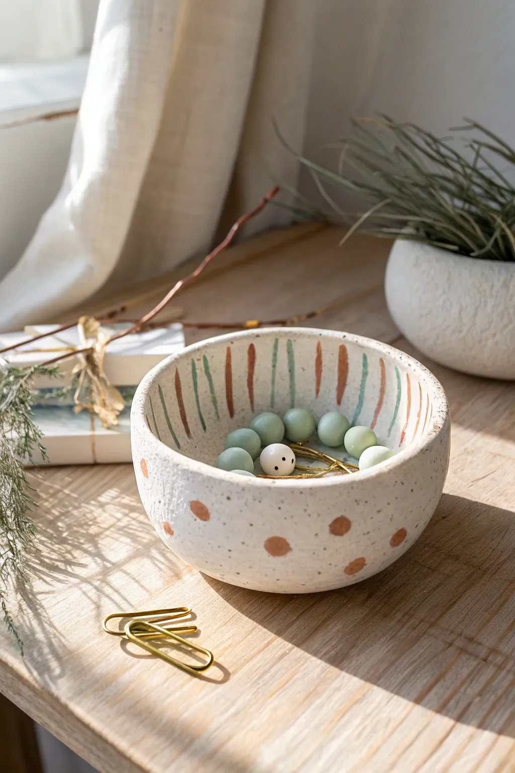 Painted air dry clay pinch pot bowl with easy dots and stripes, perfect for kids tiny treasures.