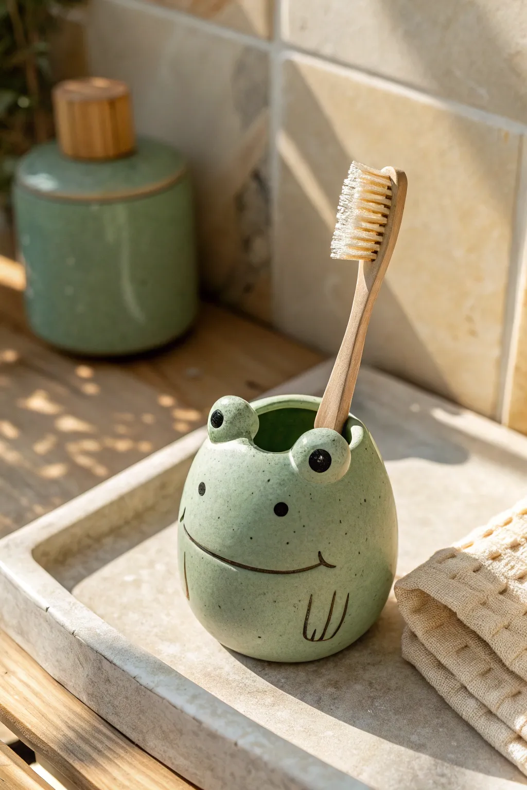 DIY cute clay frog toothbrush buddy with matte finish, minimalist boho bathroom decor inspiration