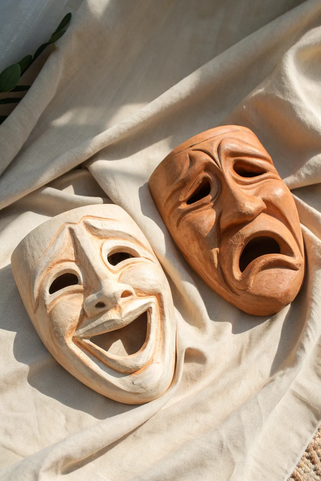 Comedy and tragedy clay masks in calm minimalist tones, simple features that show big emotion