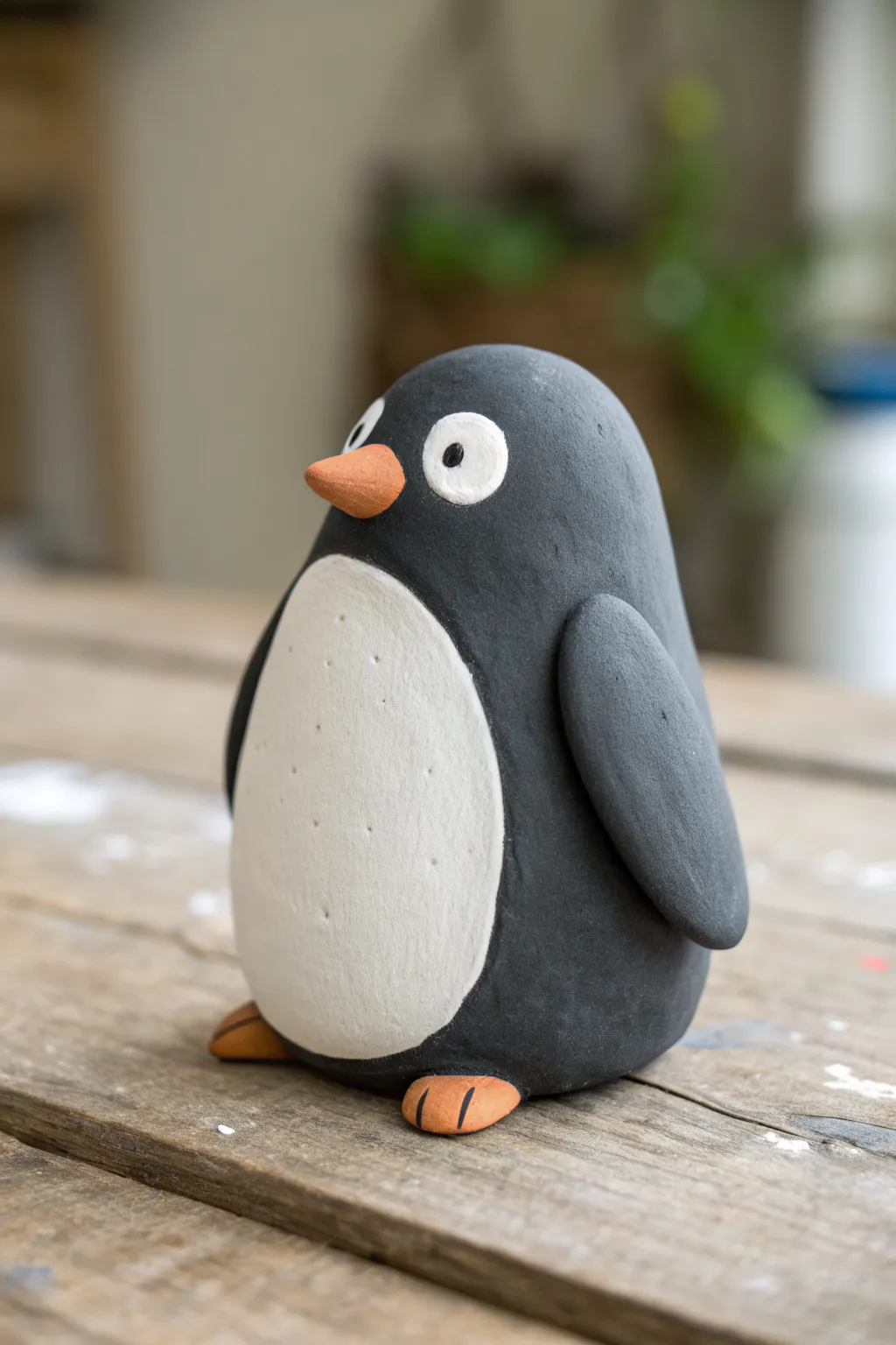 Three-shape clay penguin with bold belly patch, an easy minimalist sculpture idea for beginners.