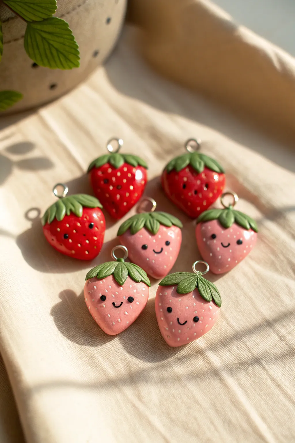 Smiling strawberry clay charms in glossy red and pink, a cute set for easy DIY inspiration.