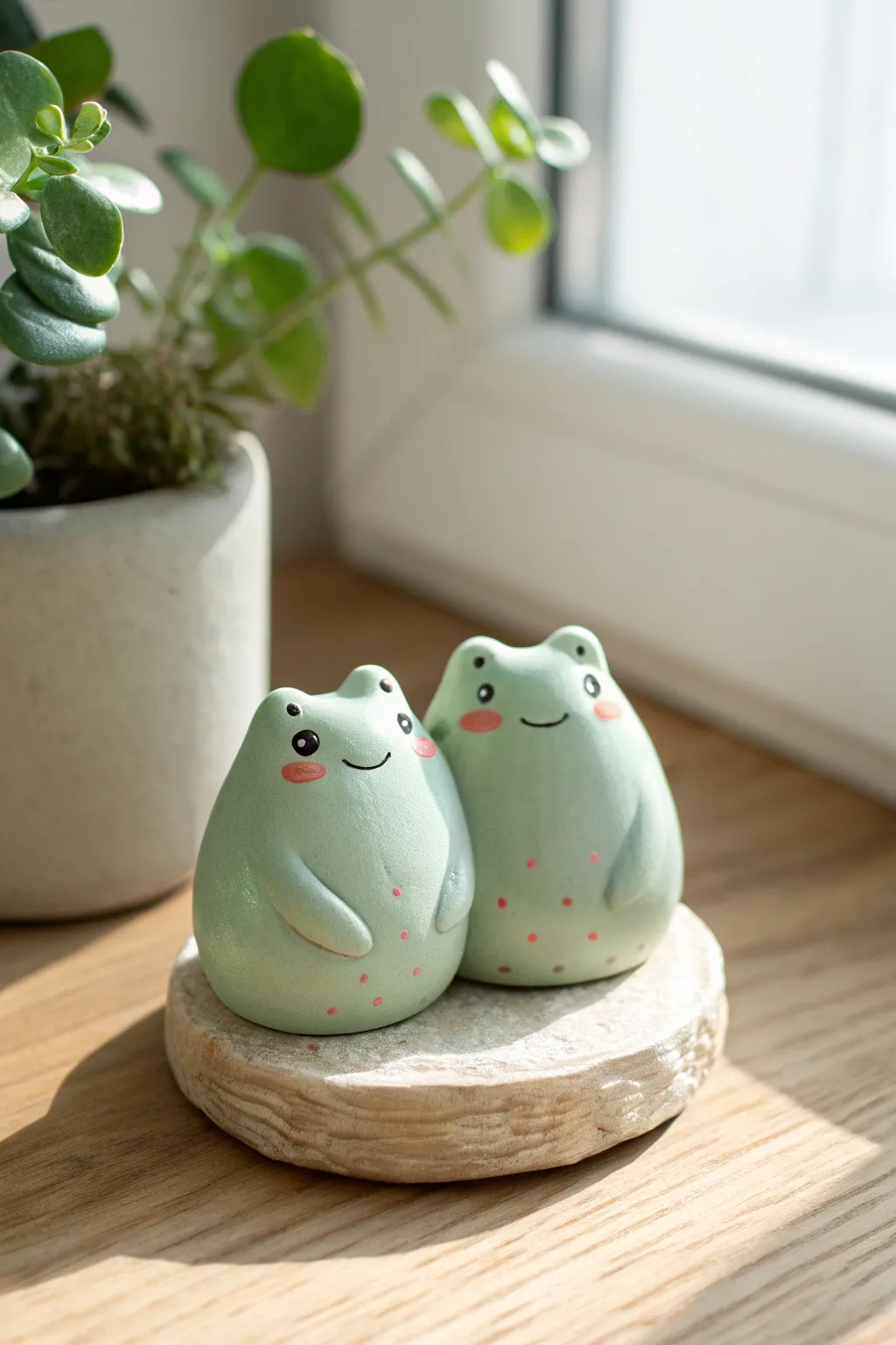 Minty chubby frog duo with rosy cheeks, a sweet minimalist clay decor idea for your shelf.