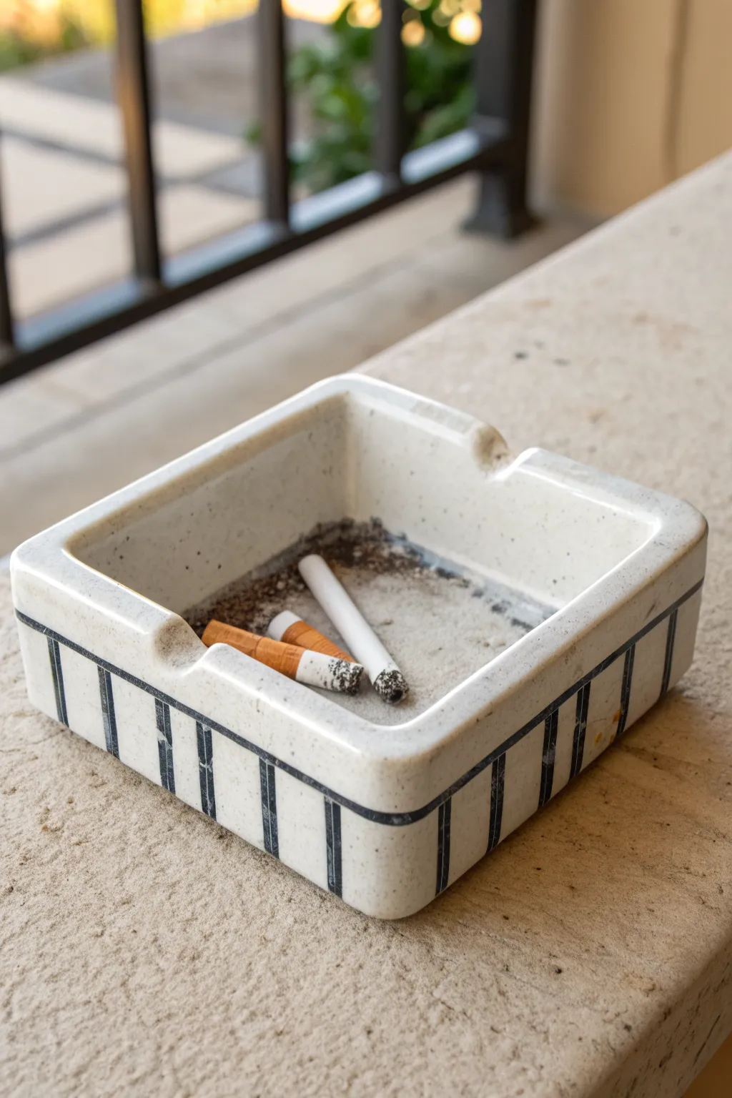 Crisp-edged square slab ash tray with a bold stripe and clean rim notches, minimal boho style.