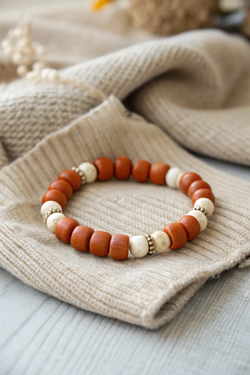Burnt orange and cream color blocks bring cozy autumn warmth to this simple clay bead bracelet.