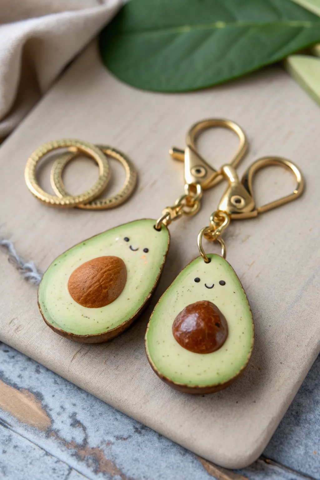 Cute best-friends avocado half keychains in soft clay tones, minimal and boho sweet.