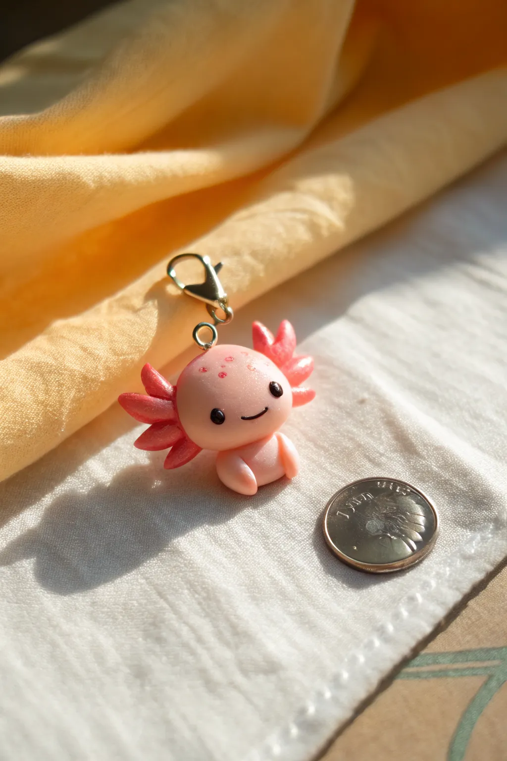 Sweet axolotl clay charm with eye pin loop, minimalist styling and cozy boho vibes.