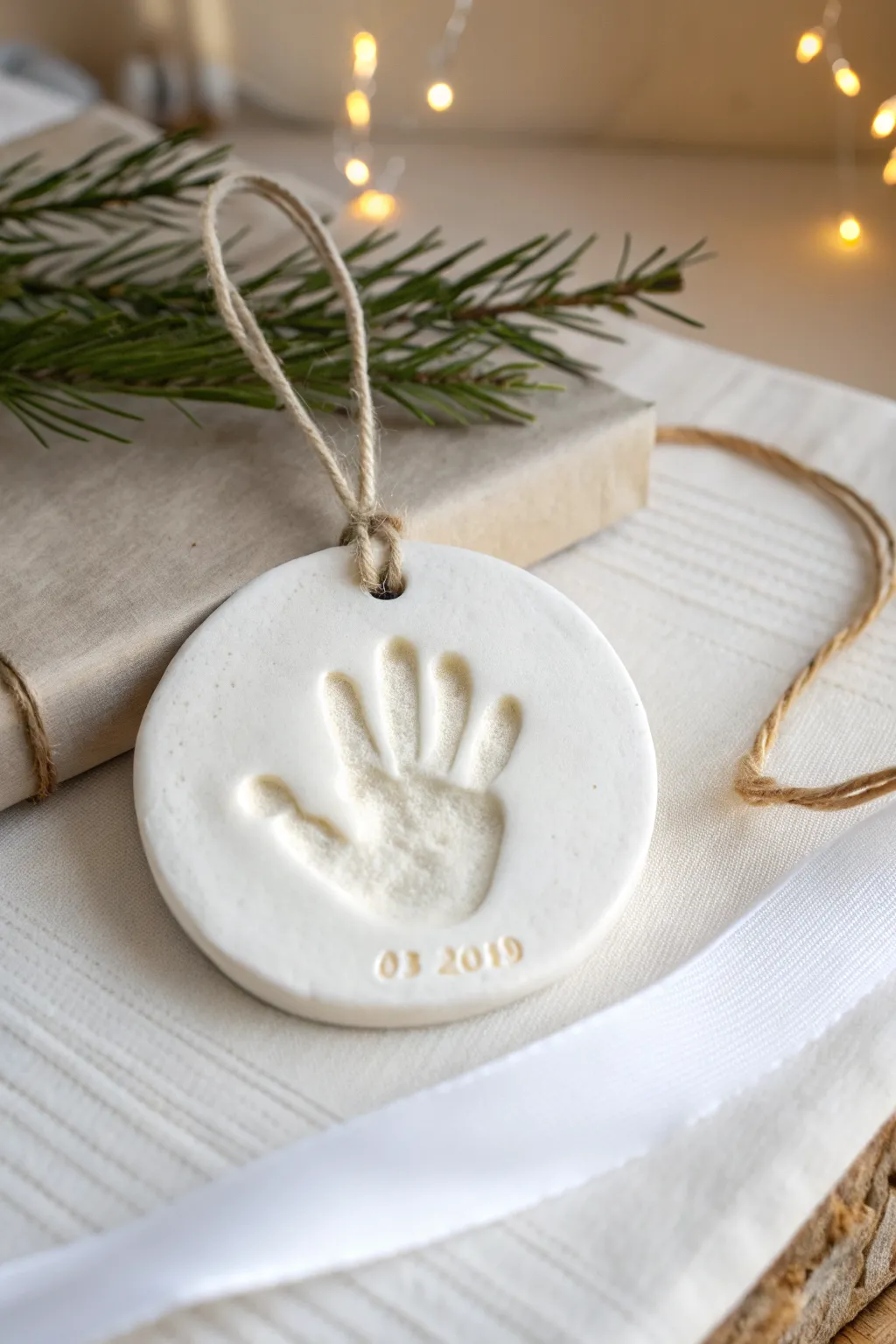 A timeless hanging clay handprint ornament with soft linen ribbon and cozy minimalist vibes.