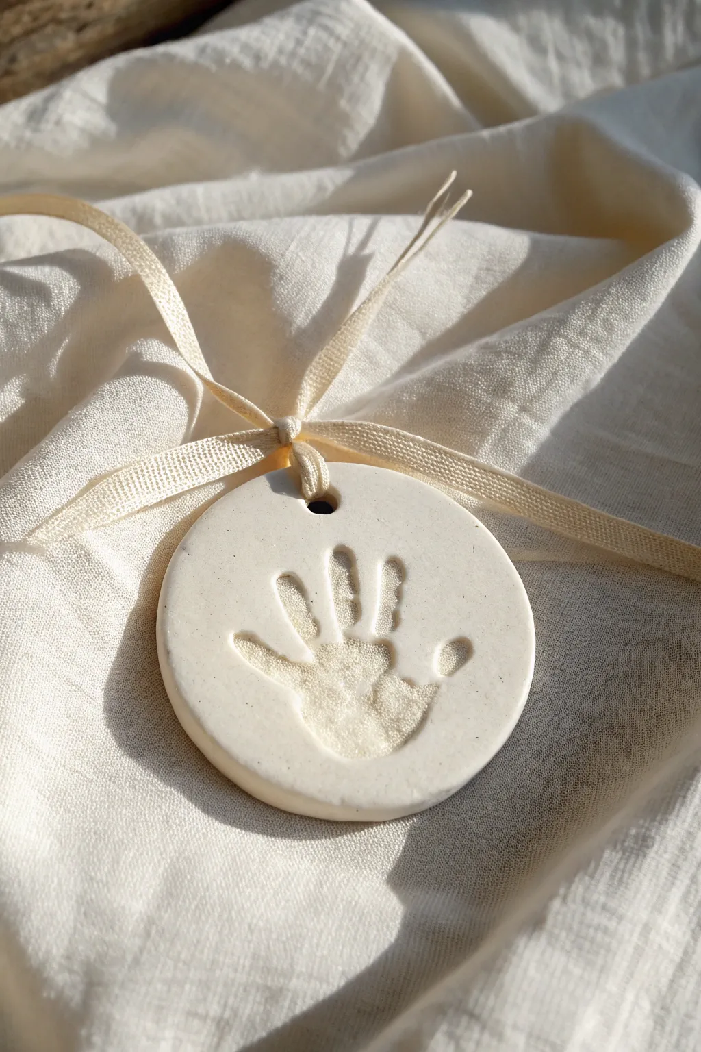 A minimalist clay handprint disc with linen ribbon, capturing tiny baby hands in a timeless keepsake