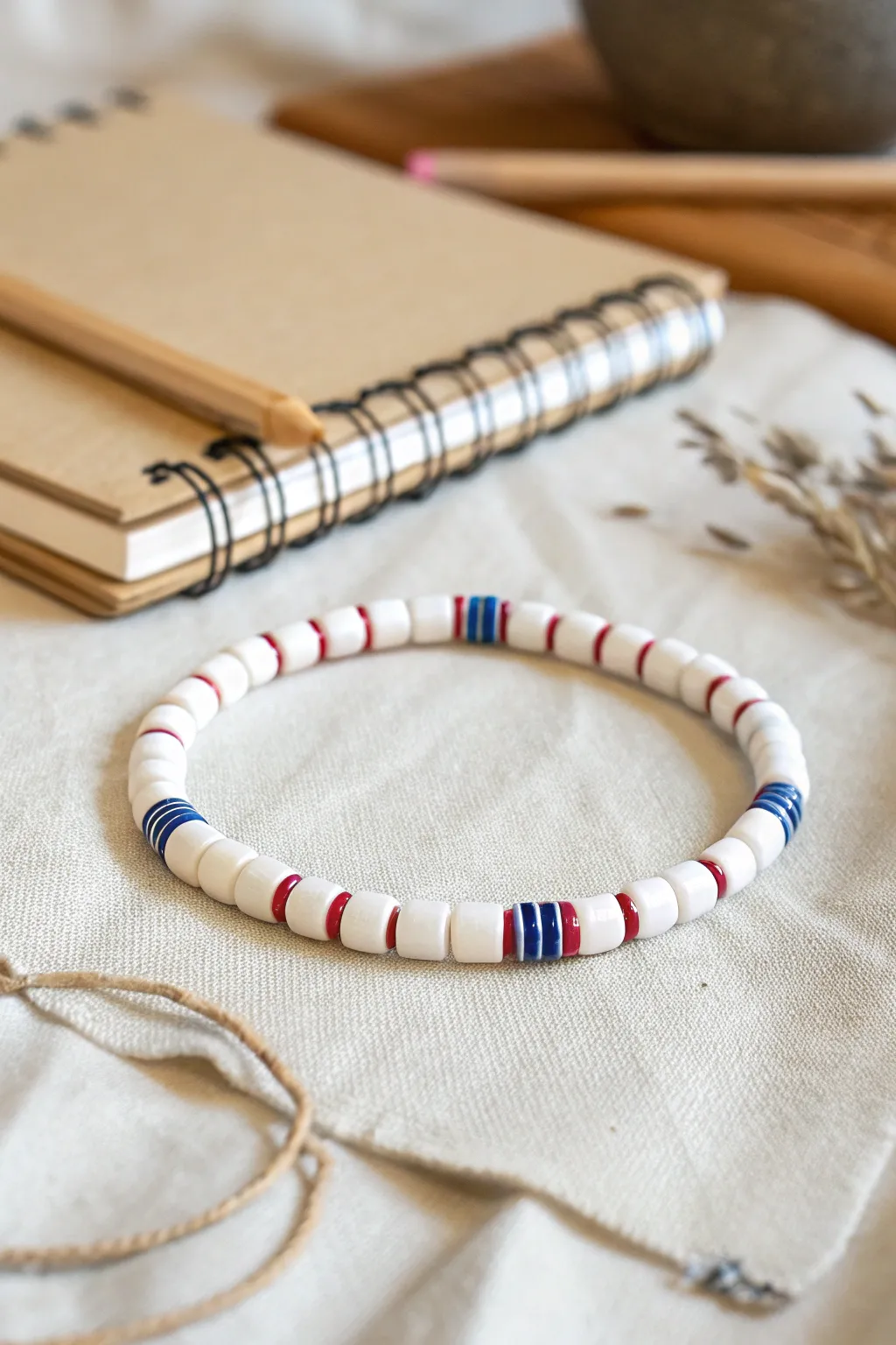 Crisp notebook-paper stripes in a white heishi bracelet, perfect for back-to-school gifting.