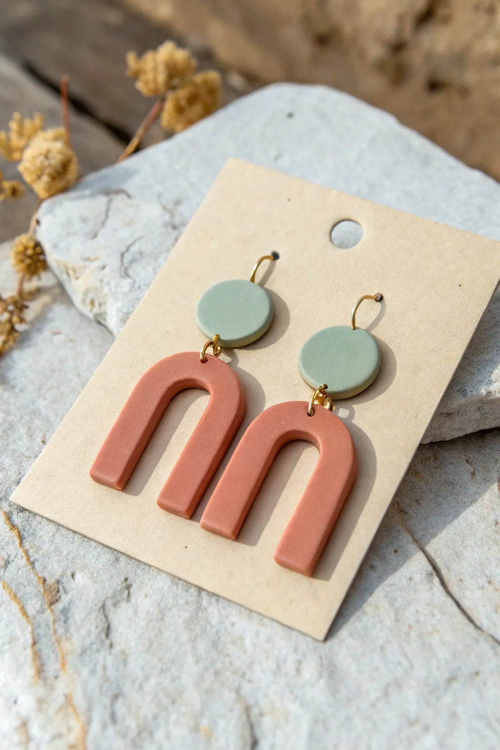 Minimal polymer clay statement earrings in soft boho tones, an easy bakeable clay idea