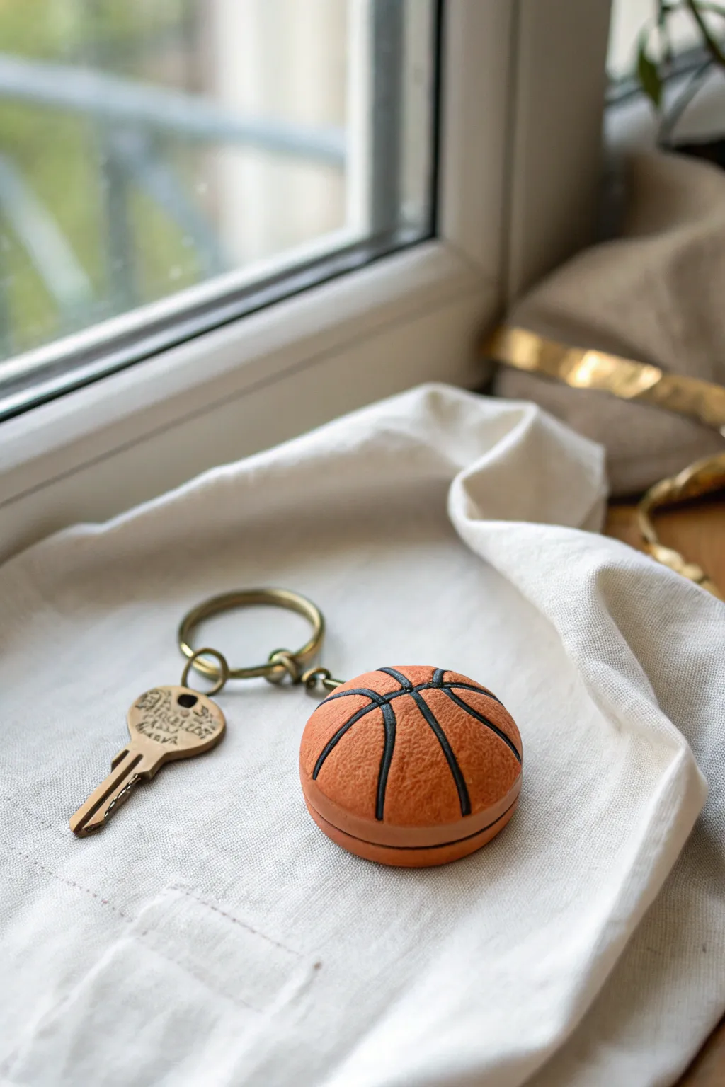 Minimalist clay basketball charm keychain in warm terracotta with crisp black lines, handmade vibe
