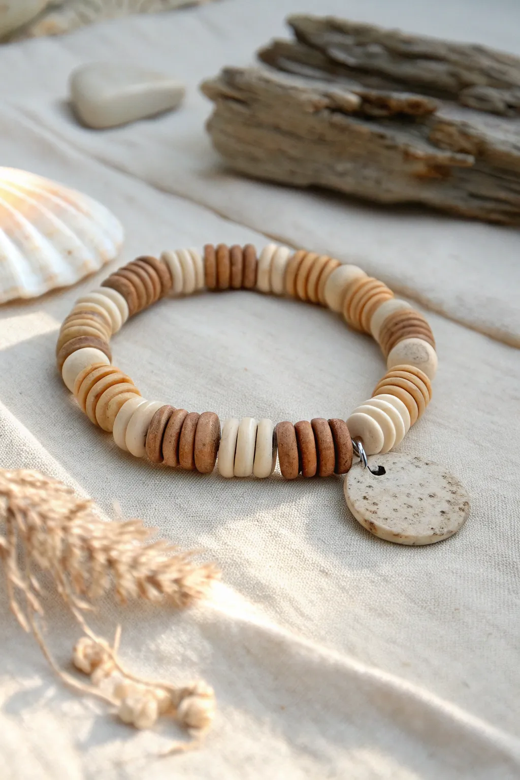 Sandy neutral clay disc bead bracelet styled with driftwood for a calm, beachy minimal look.