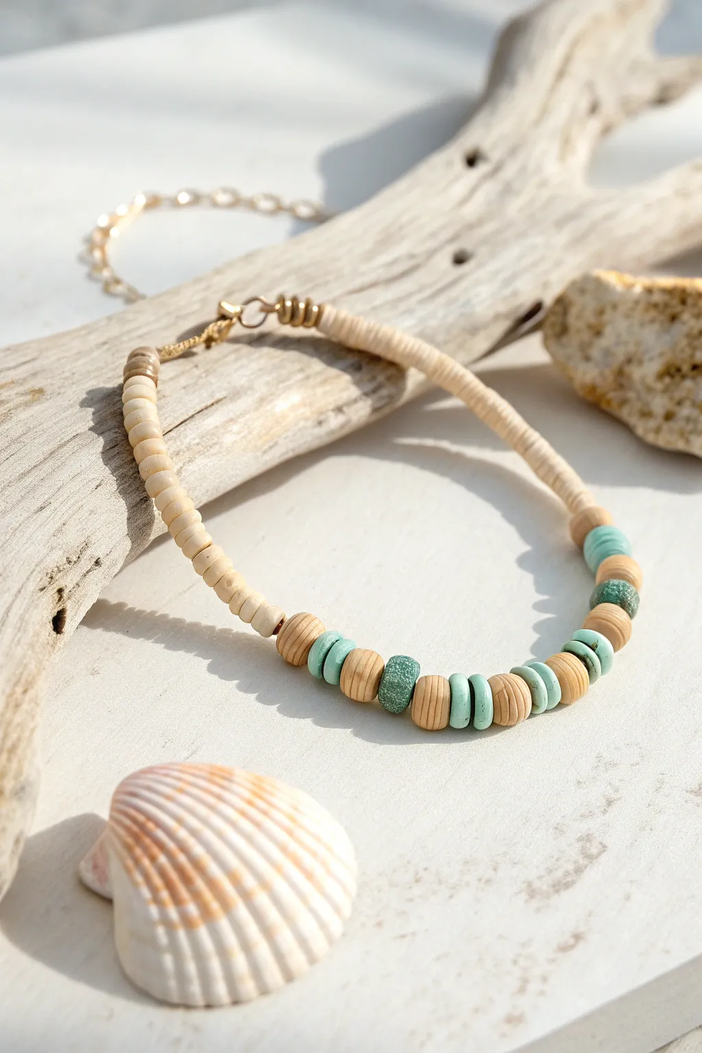 Sandy beige, warm cream, and seafoam heishi bracelet styled on driftwood for calm coastal vibes