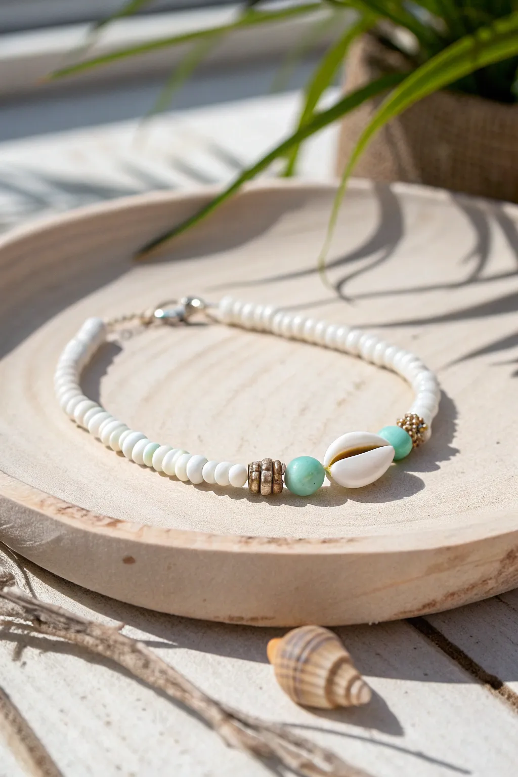 Puka shell centerpiece heishi bracelet in seafoam and white, sun-washed coastal minimalism.