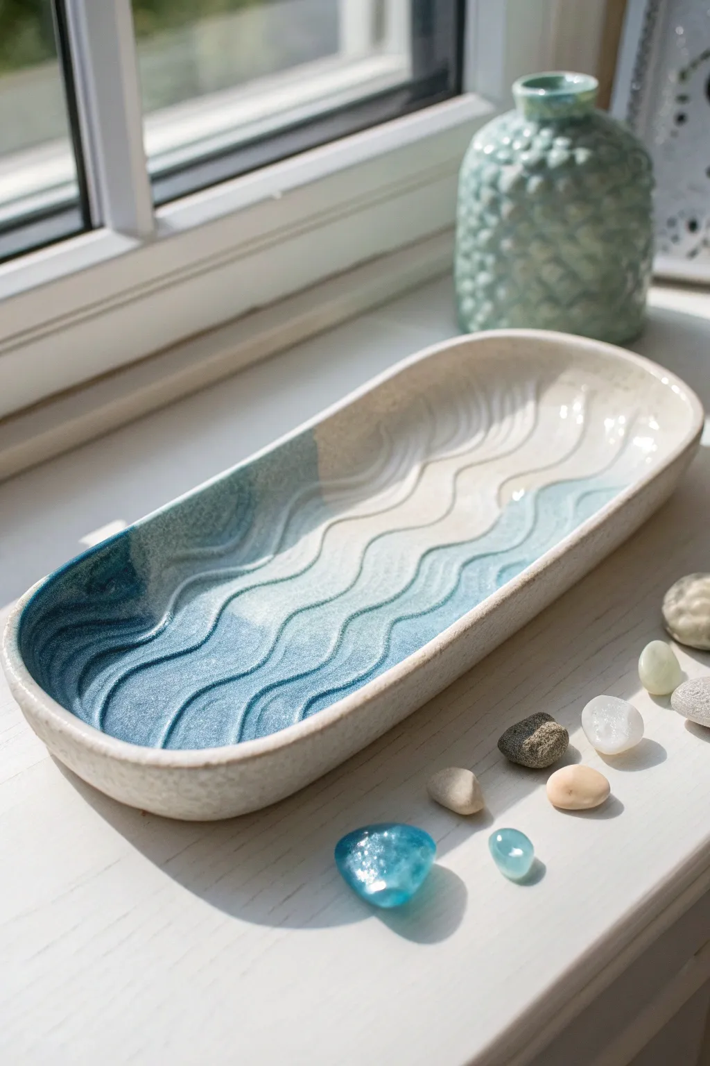 Ocean-wave trinket tray with blue-to-foam ombre glaze, minimalist coastal charm for small treasures