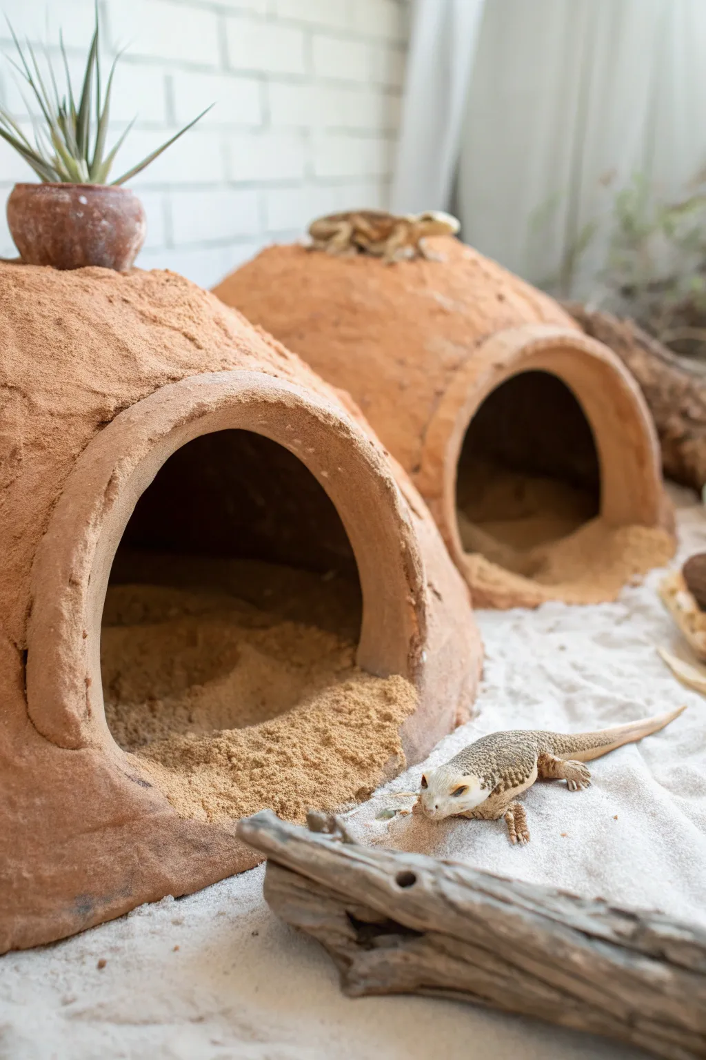 Minimal excavator clay tunnel mound with two openings, perfect for bearded dragon burrows.