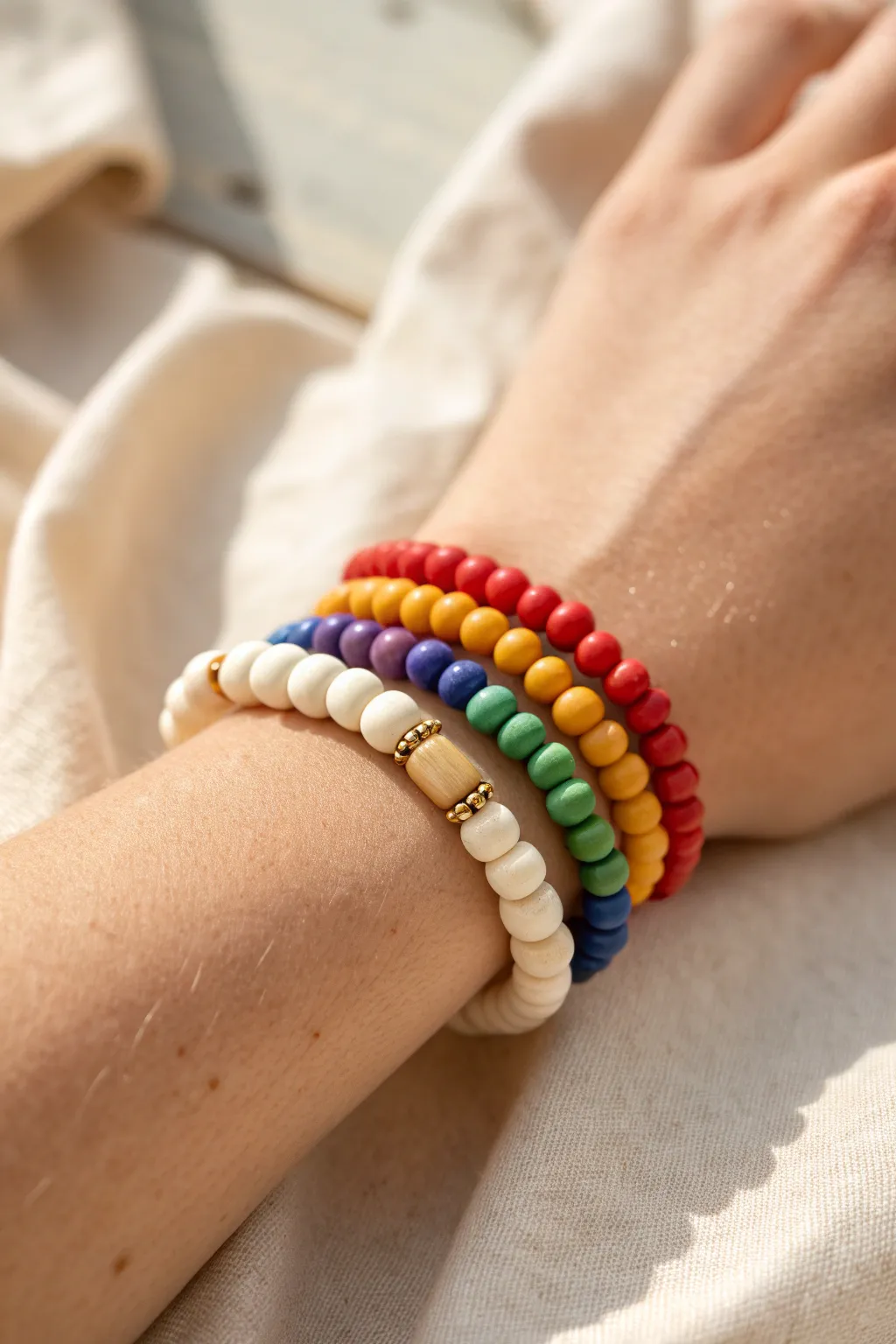 Classic rainbow-order clay bead stack on the wrist, minimalist, bright, and beautifully balanced