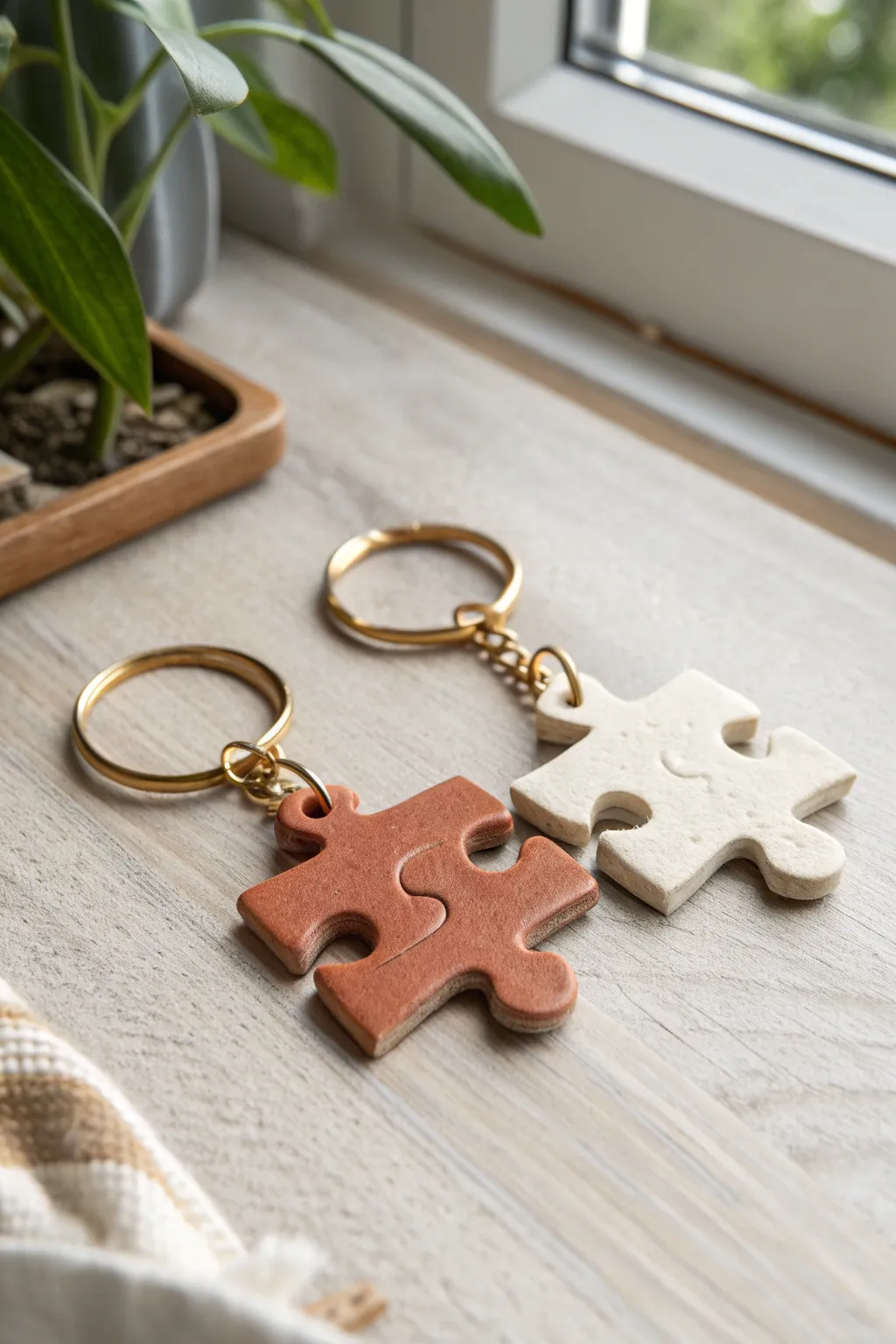 A matching clay puzzle keychain duo—simple, handmade, and made to click together like best friends.
