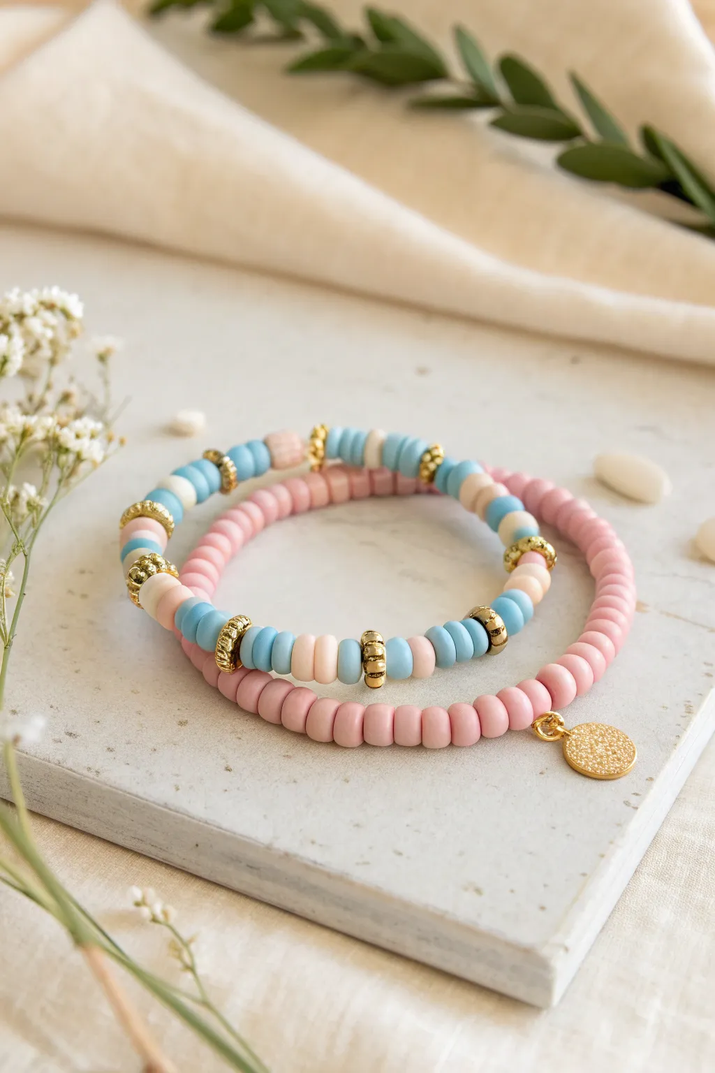 Split palette BFF bracelets: pink with blue accents and blue with pink accents in sleek clay discs.