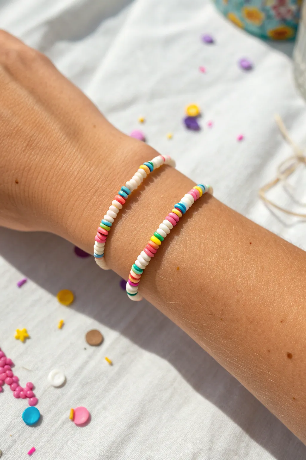 Rainbow confetti heishi bracelet for a birthday vibe, bright pops of color on a clean neutral base