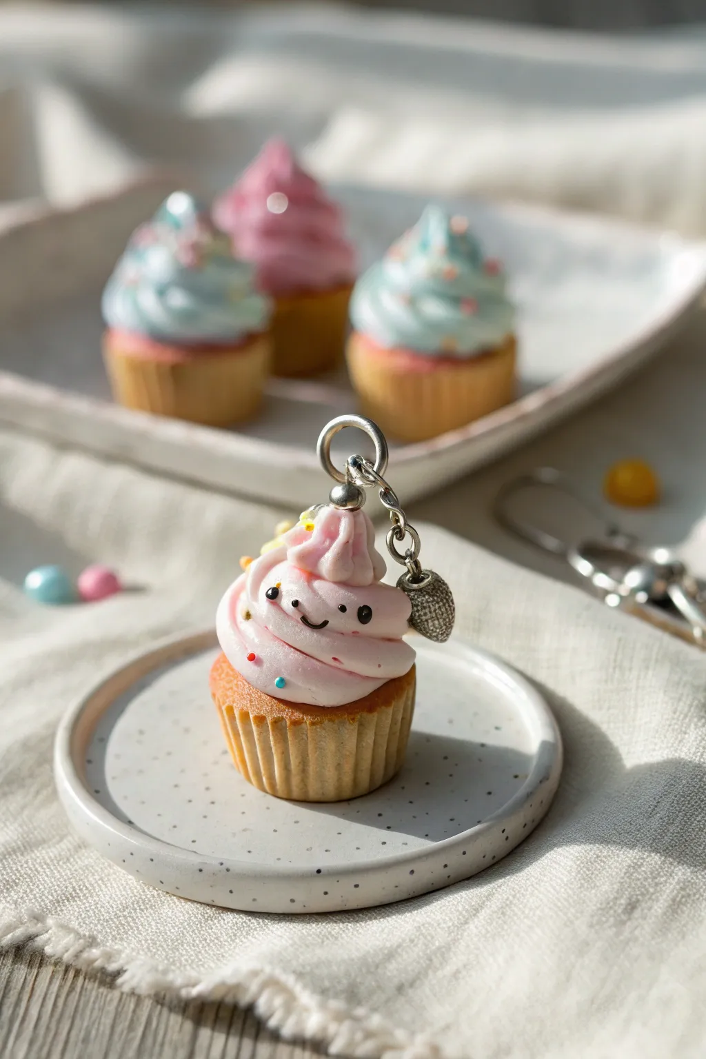 Sweet mini cupcake clay charms with sprinkles and smiles, perfect as DIY birthday favors
