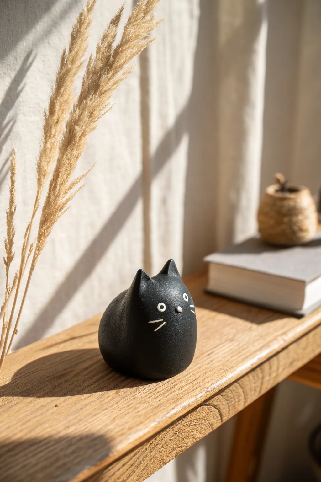Sleek black air dry clay cat figurine with tiny white eyes for minimalist shelf styling