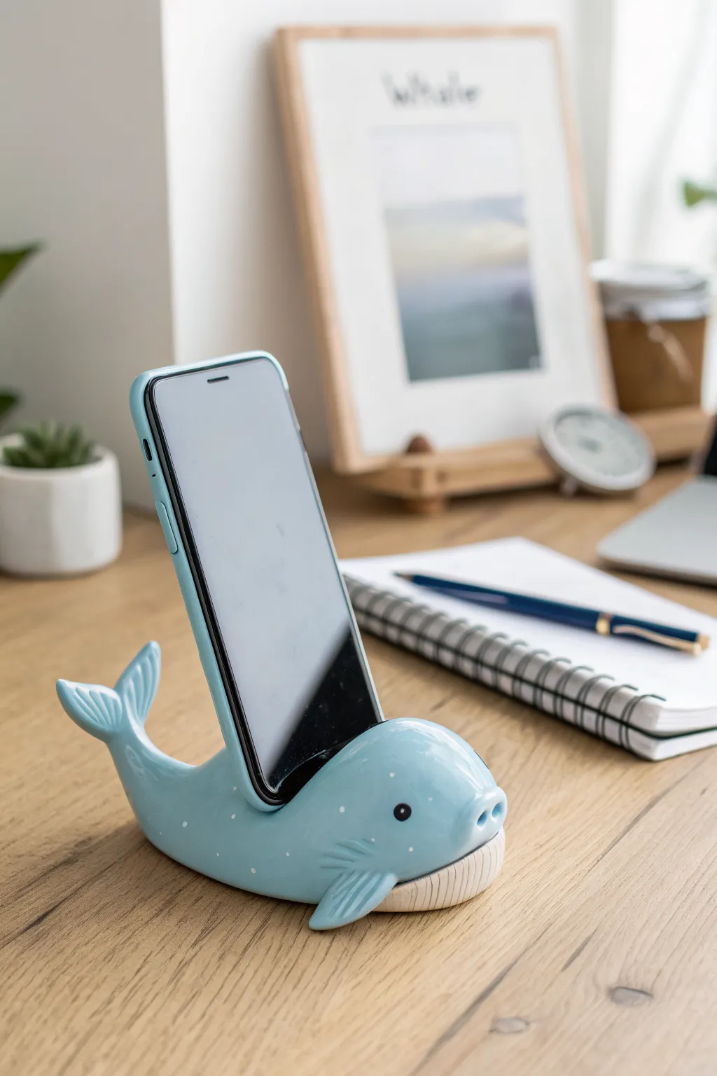 Minimal blue whale phone stand in air dry clay, glossy finish and calm Scandinavian styling