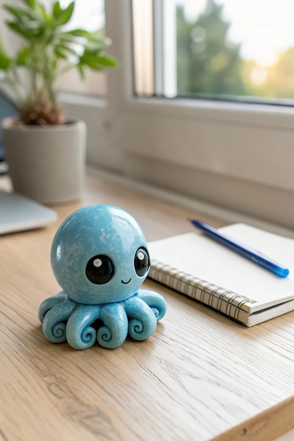 Tiny blue polymer clay octopus desk buddy, minimalist and cute, perfect for calming workspace vibes