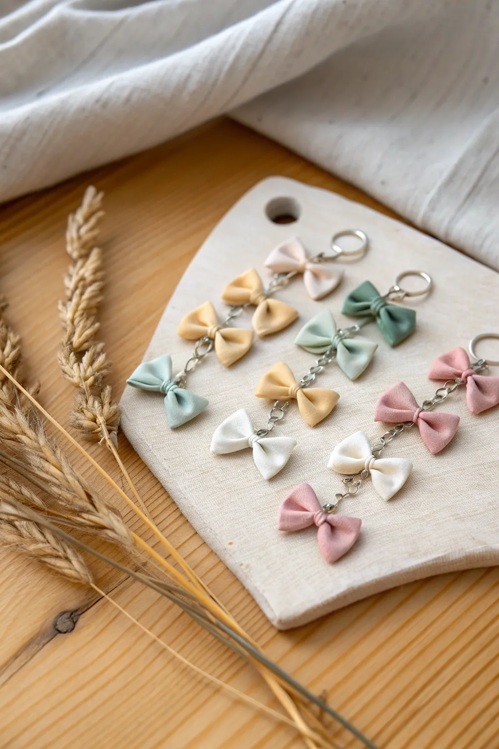Mini clay bow charms in soft boho hues, perfect for earrings, keychains, and gifts.